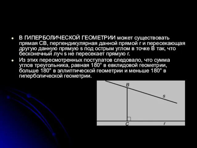 В ГИПЕРБОЛИЧЕСКОЙ ГЕОМЕТРИИ может существовать прямая CB, перпендикулярная данной прямой r и