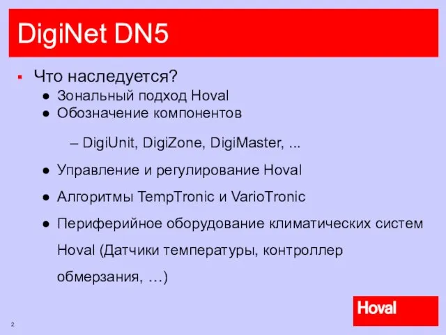DigiNet DN5 Что наследуется? Зональный подход Hoval Обозначение компонентов DigiUnit, DigiZone, DigiMaster,