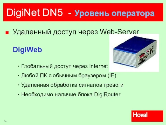 DigiNet DN5 - Уровень оператора Удаленный доступ через Web-Server DigiWeb Глобальный доступ