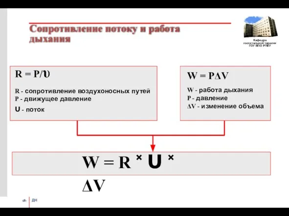 Сопротивление потоку и работа дыхания R = P/υ R - сопротивление воздухоносных