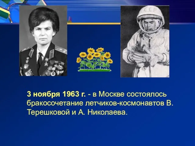 3 ноября 1963 г. - в Москве состоялось бракосочетание летчиков-космонавтов В. Терешковой и А. Николаева.