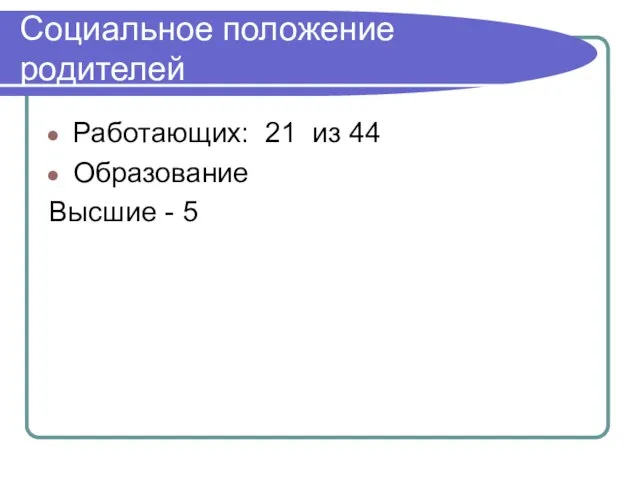 Социальное положение родителей Работающих: 21 из 44 Образование Высшие - 5