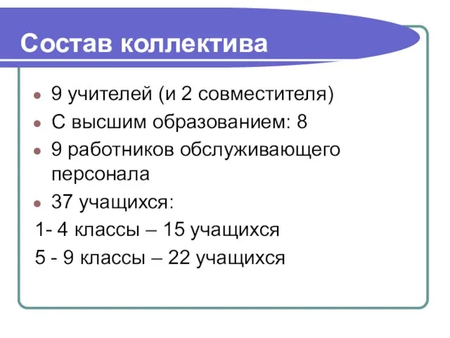 Состав коллектива 9 учителей (и 2 совместителя) С высшим образованием: 8 9