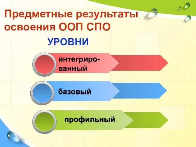 интегриро- ванный базовый профильный Предметные результаты освоения ООП СПО УРОВНИ