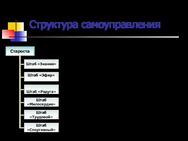 Структура самоуправления В классе четко организовано самоуправление под руководством старосты, который выбирается