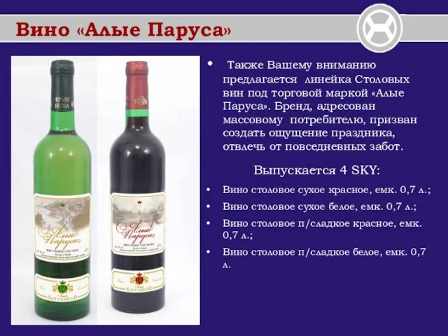 Вино «Алые Паруса» Также Вашему вниманию предлагается линейка Столовых вин под торговой