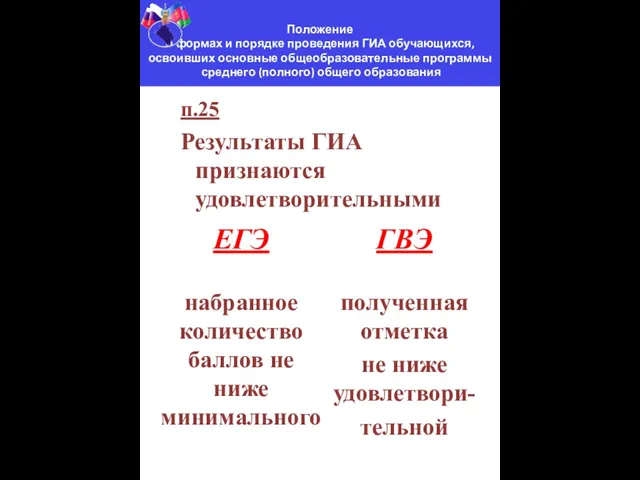 п.25 Результаты ГИА признаются удовлетворительными Положение о формах и порядке проведения ГИА