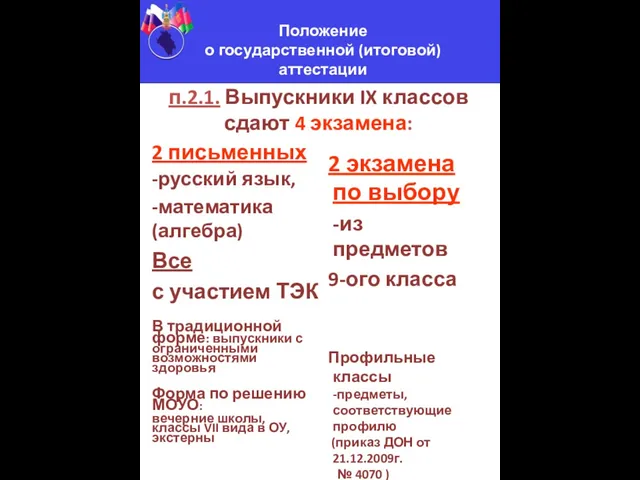 п.2.1. Выпускники IX классов сдают 4 экзамена: 2 письменных -русский язык, -математика