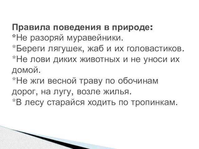 Правила поведения в природе: *Не разоряй муравейники. *Береги лягушек, жаб и их