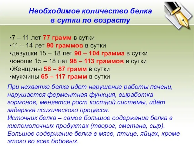 Необходимое количество белка в сутки по возрасту 7 – 11 лет 77