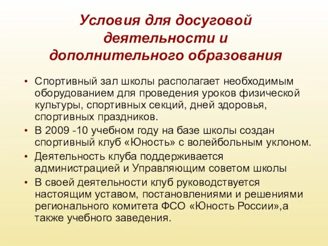 Условия для досуговой деятельности и дополнительного образования Спортивный зал школы располагает необходимым