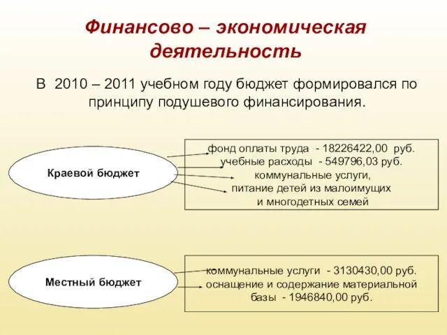 Финансово – экономическая деятельность В 2010 – 2011 учебном году бюджет формировался