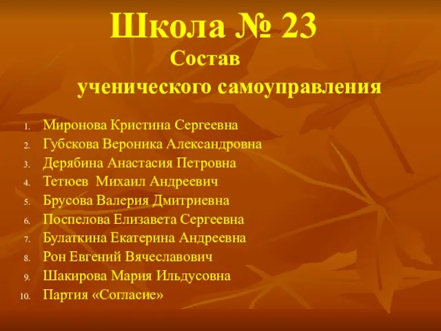 Школа № 23 Состав ученического самоуправления Миронова Кристина Сергеевна Губскова Вероника Александровна