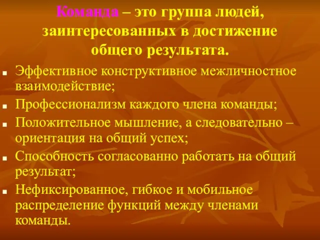 Команда – это группа людей, заинтересованных в достижение общего результата. Эффективное конструктивное