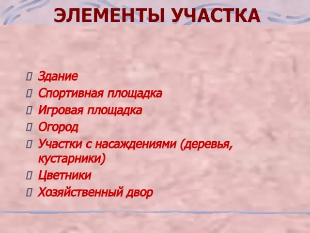 ЭЛЕМЕНТЫ УЧАСТКА Здание Спортивная площадка Игровая площадка Огород Участки с насаждениями (деревья, кустарники) Цветники Хозяйственный двор