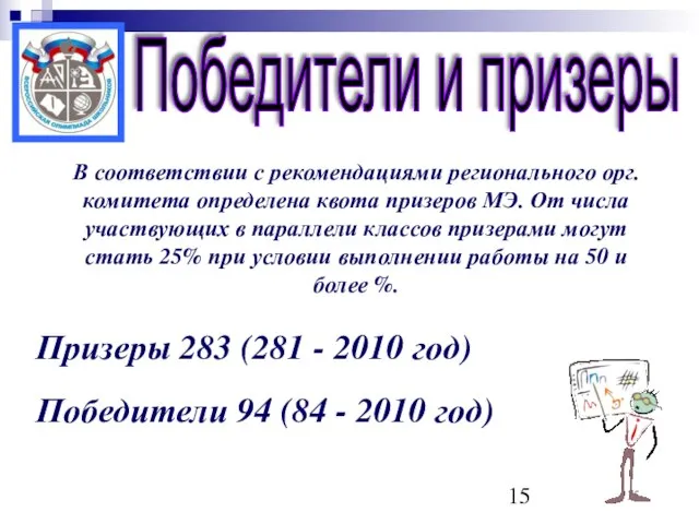 В соответствии с рекомендациями регионального орг.комитета определена квота призеров МЭ. От числа