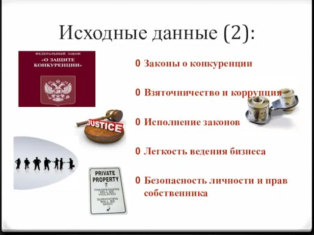 Исходные данные (2): Законы о конкуренции Взяточничество и коррупция Исполнение законов Легкость