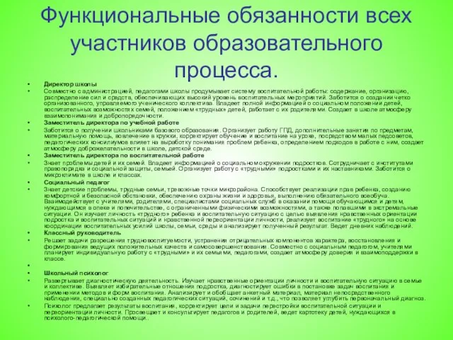 Функциональные обязанности всех участников образовательного процесса. Директор школы Совместно с администрацией, педагогами