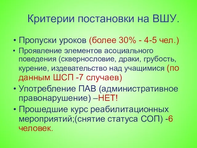 Критерии постановки на ВШУ. Пропуски уроков (более 30% - 4-5 чел.) Проявление