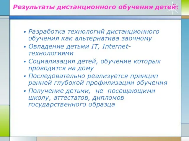 Результаты дистанционного обучения детей: Разработка технологий дистанционного обучения как альтернатива заочному Овладение