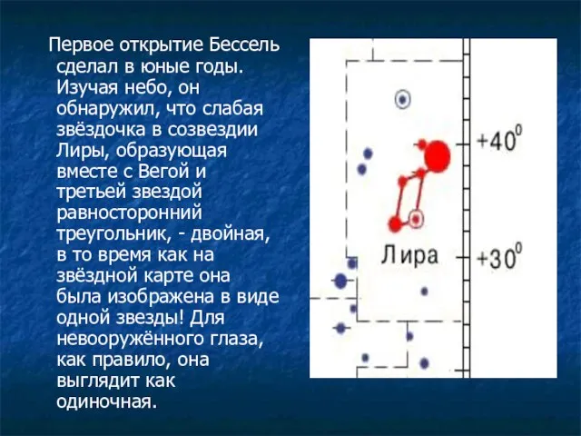 Первое открытие Бессель сделал в юные годы. Изучая небо, он обнаружил, что