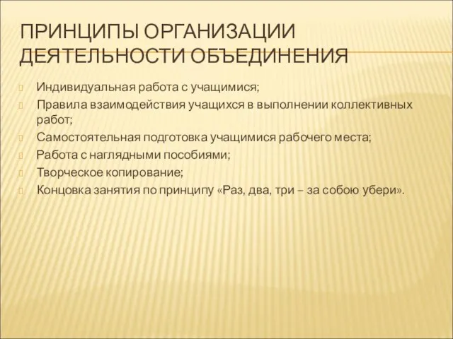 ПРИНЦИПЫ ОРГАНИЗАЦИИ ДЕЯТЕЛЬНОСТИ ОБЪЕДИНЕНИЯ Индивидуальная работа с учащимися; Правила взаимодействия учащихся в