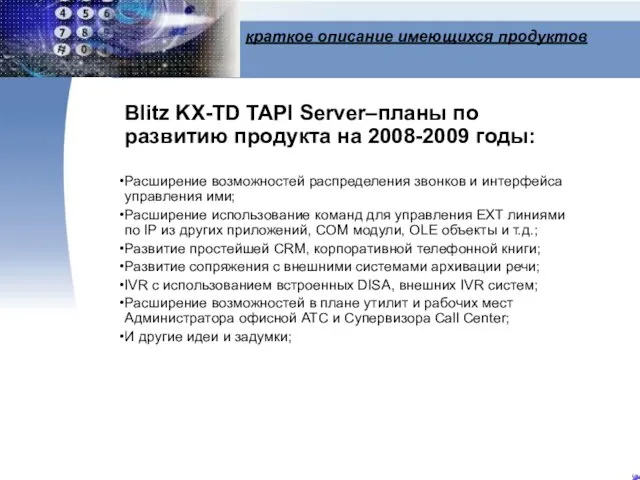 краткое описание имеющихся продуктов Blitz KX-TD TAPI Server–планы по развитию продукта на