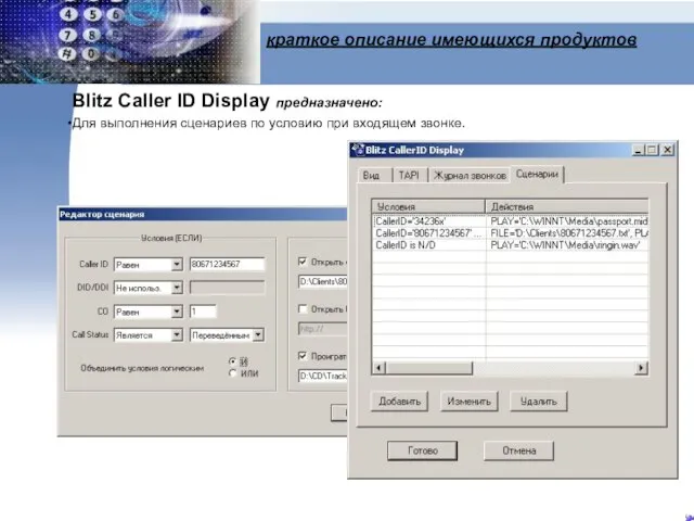 краткое описание имеющихся продуктов Blitz Caller ID Display предназначено: Для выполнения сценариев