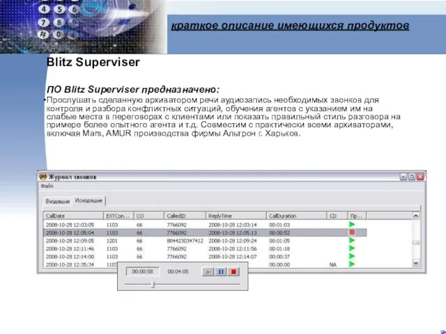 краткое описание имеющихся продуктов Blitz Superviser ПО Blitz Superviser предназначено: Прослушать сделанную