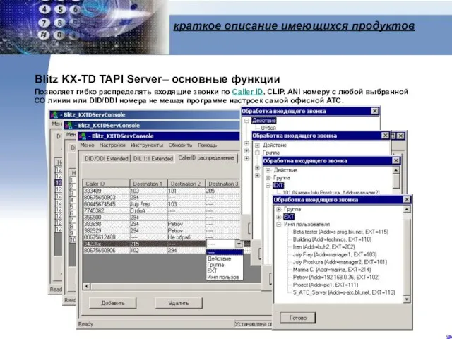 краткое описание имеющихся продуктов Blitz KX-TD TAPI Server– основные функции Позволяет гибко