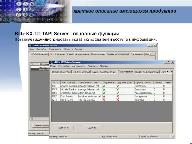 краткое описание имеющихся продуктов Blitz KX-TD TAPI Server– основные функции Позволяет администрировать