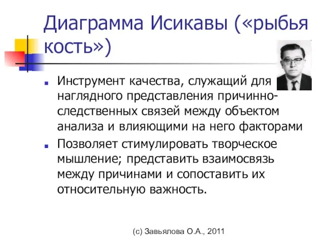 (с) Завьялова О.А., 2011 Диаграмма Исикавы («рыбья кость») Инструмент качества, служащий для