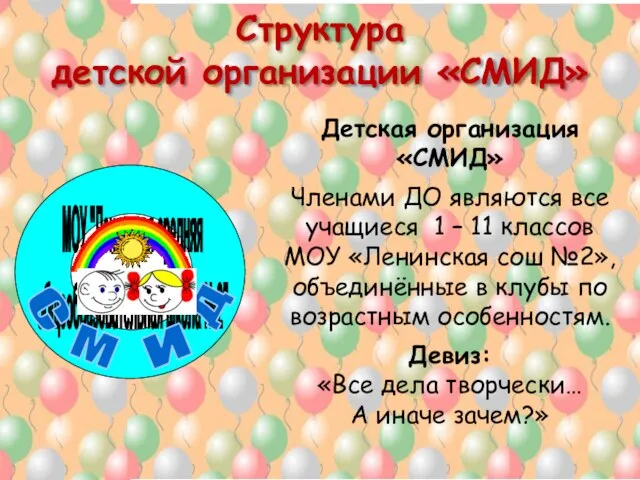 Структура детской организации «СМИД» Детская организация «СМИД» Членами ДО являются все учащиеся