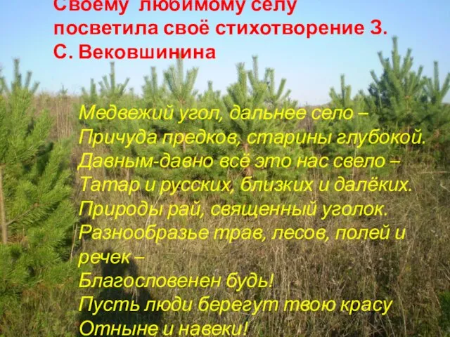 Своему любимому селу посветила своё стихотворение З.С. Вековшинина Медвежий угол, дальнее село