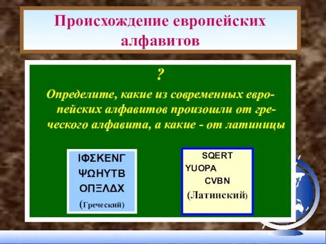 ? Определите, какие из современных евро-пейских алфавитов произошли от гре-ческого алфавита, а