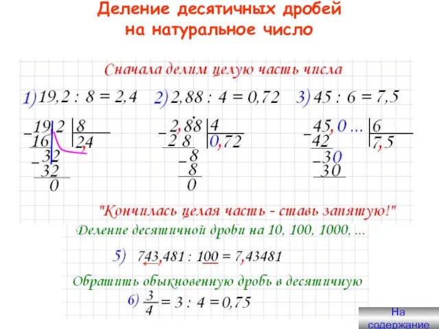 Деление десятичных дробей на натуральное число На содержание