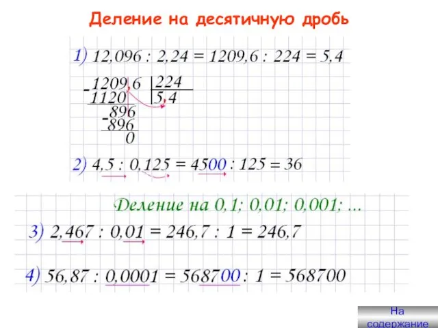 Деление на десятичную дробь На содержание