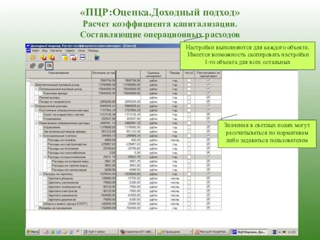 «ПЦР:Оценка.Доходный подход» Расчет коэффициента капитализации. Составляющие операционных расходов Значения в светлых полях