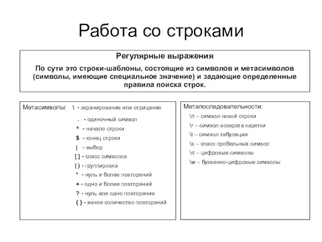 Работа со строками Регулярные выражения По сути это строки-шаблоны, состоящие из символов