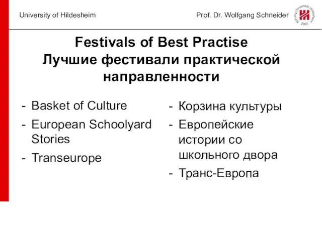 University of Hildesheim Prof. Dr. Wolfgang Schneider Festivals of Best Practise Лучшие