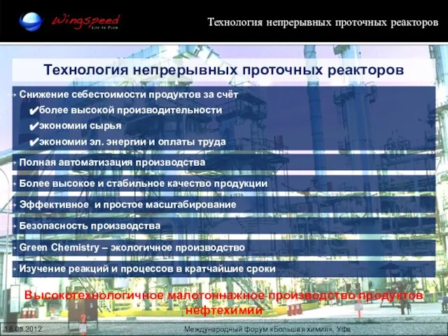 18.05.2012 Международный форум «Большая химия», Уфа Технология непрерывных проточных реакторов Высокотехнологичное малотоннажное