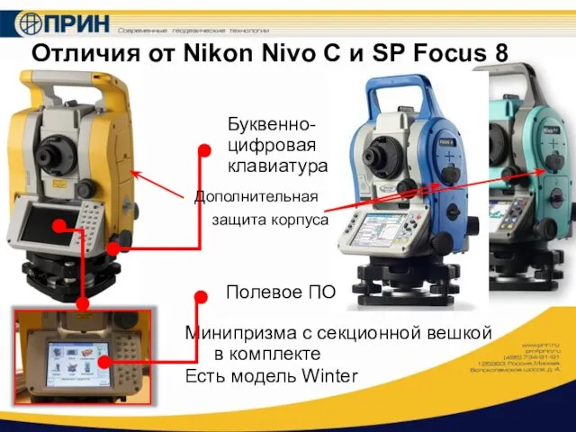 Отличия от Nikon Nivo C и SP Focus 8 Буквенно-цифровая клавиатура Полевое