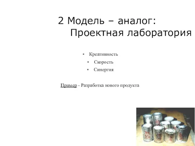 2 Модель – аналог: Проектная лаборатория Креативность Скорость Синергия Пример - Разработка нового продукта