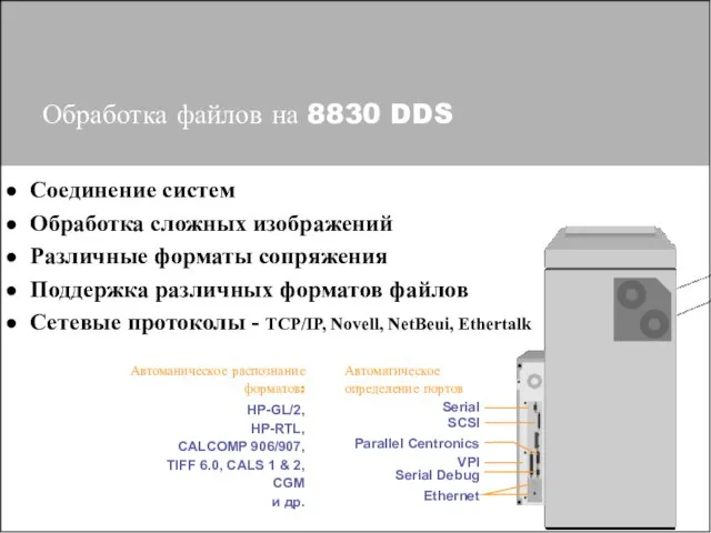 Обработка файлов на 8830 DDS Автоманическое распознание форматов: HP-GL/2, HP-RTL, CALCOMP 906/907,