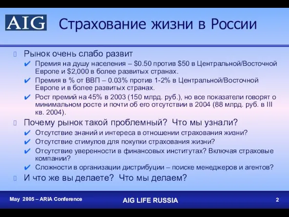 Страхование жизни в России Рынок очень слабо развит Премия на душу населения