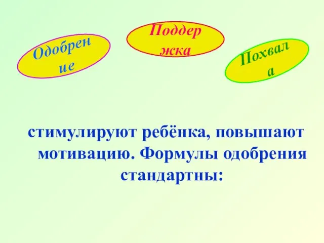 Одобрение стимулируют ребёнка, повышают мотивацию. Формулы одобрения стандартны: Поддержка Похвала