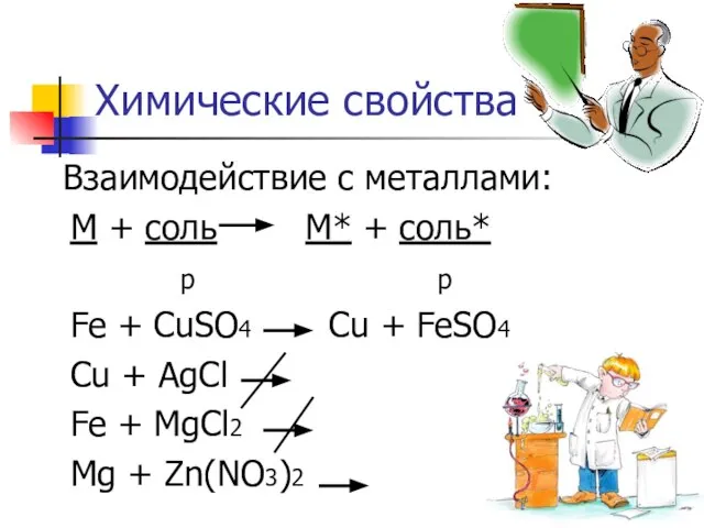 Химические свойства Взаимодействие с металлами: М + соль М* + соль* р