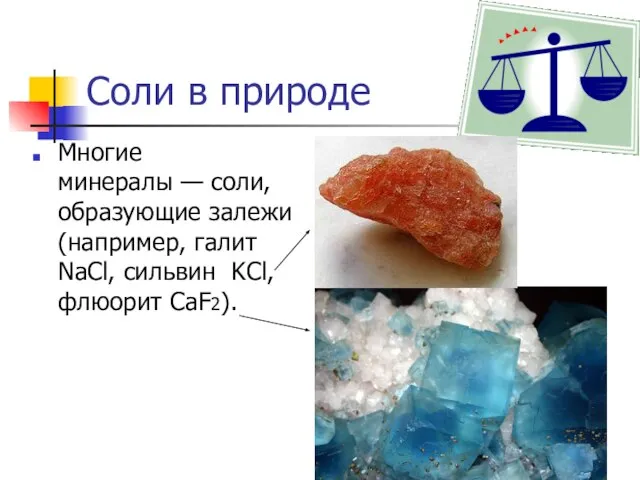 Соли в природе Многие минералы — соли, образующие залежи (например, галит NaCl, сильвин KCl, флюорит CaF2).