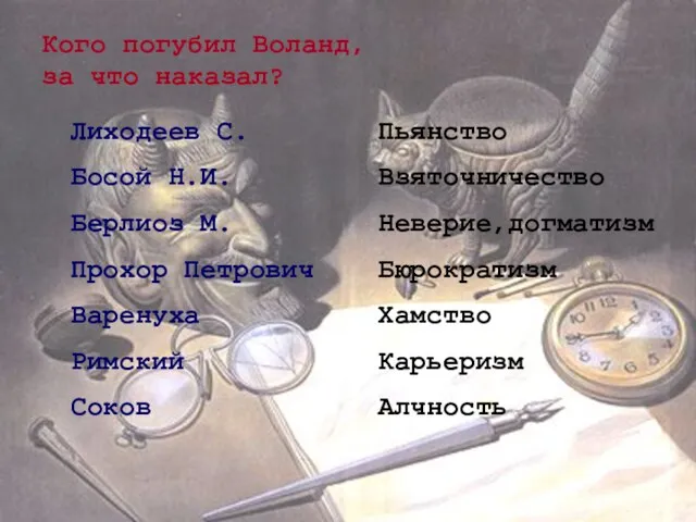 Кого погубил Воланд, за что наказал? Лиходеев С. Босой Н.И. Берлиоз М.