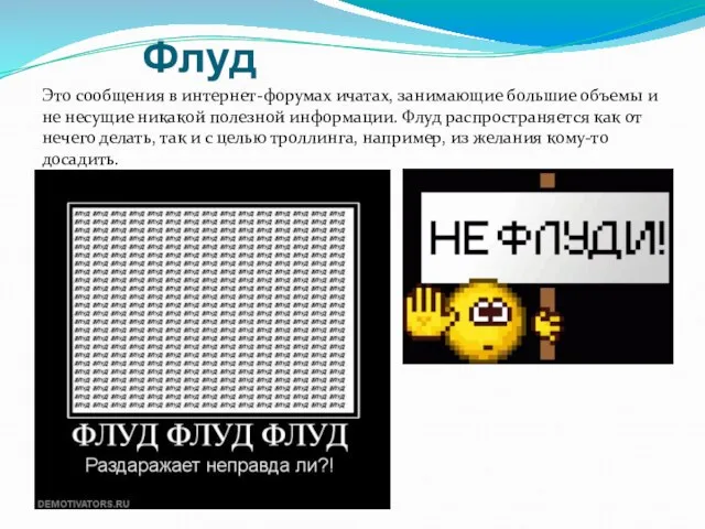 Флуд Это сообщения в интернет-форумах ичатах, занимающие большие объемы и не несущие